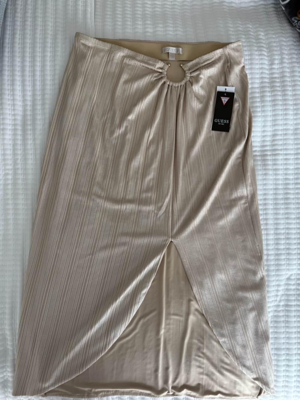 GUESS Metallic Cream High-Low Ring-Front Skirt